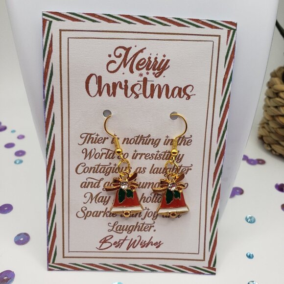 Hand Made Earrings Chistmas Bells With Holly - Picture 1 of 1